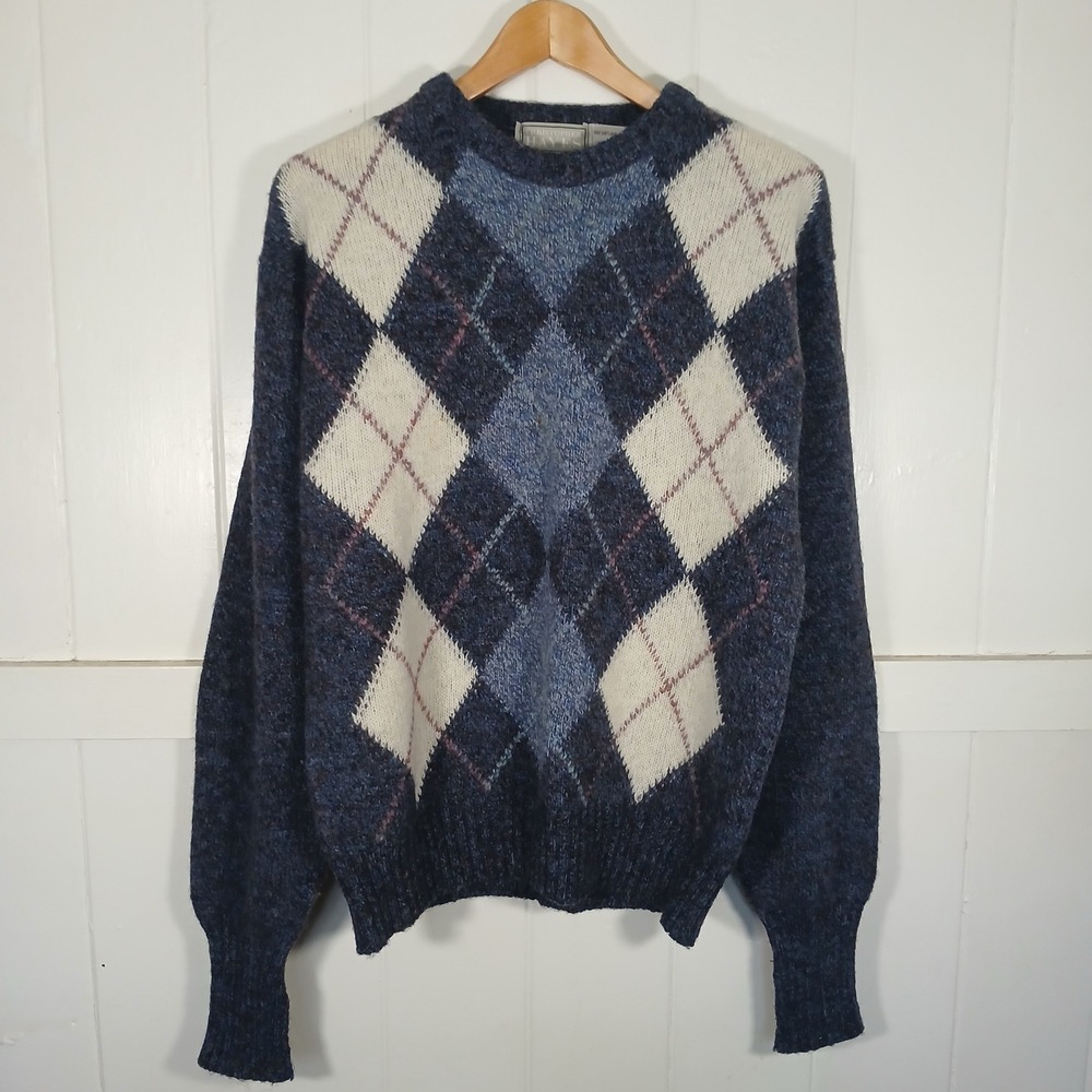 Christopher Hayes Sweater Mens M Blue Argyle Shetland Wool Made in Ireland - Picture 2 of 7
